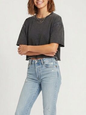 NWT Retro Fox Women's Charcoal Cropped Tee - Casual Raw-Hem Top Size Large